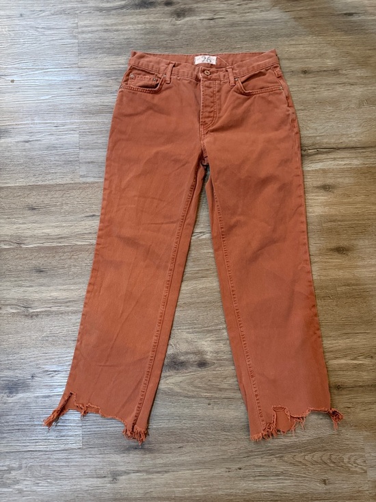 Free People Denim - Free People Burnt Orange High-Rise Straight Jeans with Frayed Hem